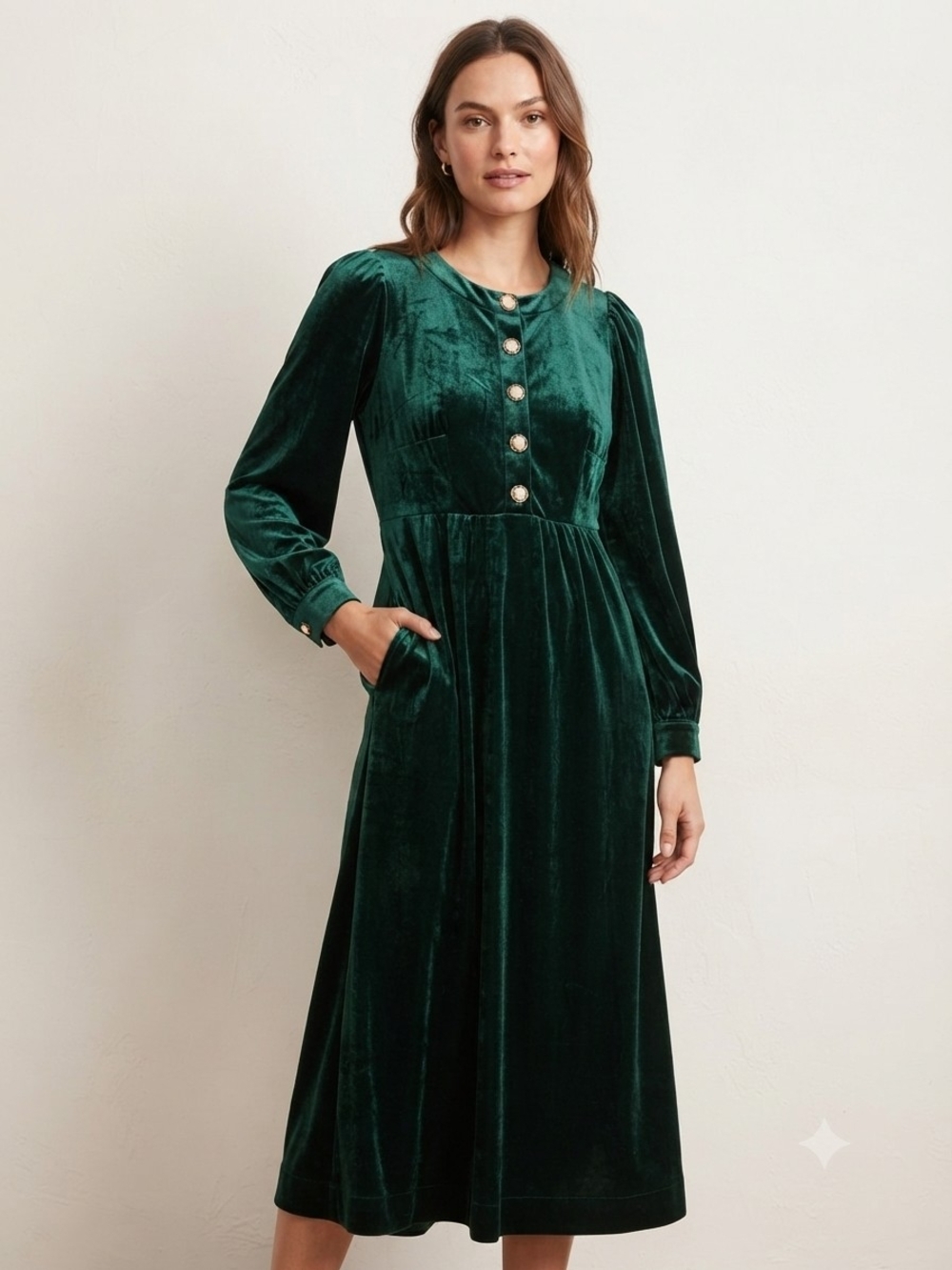 Elegant Emerald Green Velvet Midi Dress with Long Sleeves and Pockets Size S